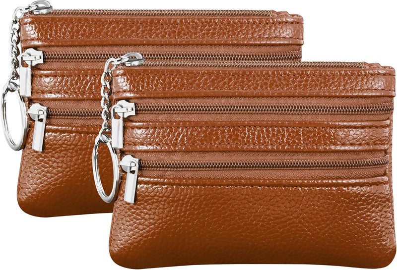 Chelmon 2 Pack Coin Purse Pouch Change Card Holder Wallet with Keychain for Women and Men (Brown & Brown) - Image 1